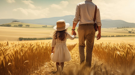 Father and daughter walking hand in hand in a barley fieldの素材