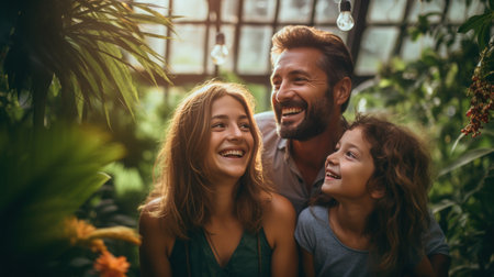 he family father mother and daughter in the greenhouse and happyの素材