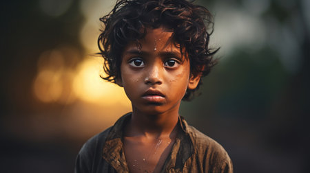 portrait Indian child feeling sad in the ruralの素材