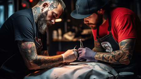 A professional tattoo artist tattooing a customerの素材