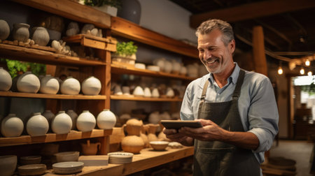 Business owner of a pottery shop smile using tablet at shopの素材