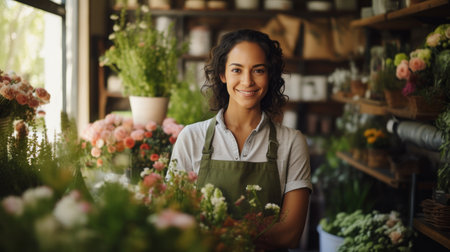 Flower shop woman business owner smile at shopの素材