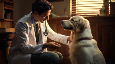 The doctor came home from work and stopped to play with the dog in front of the house before entering the houseの素材