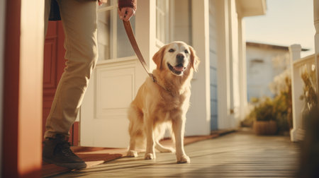 The doctor came home from work and stopped to play with the dog in front of the house before entering the houseの素材
