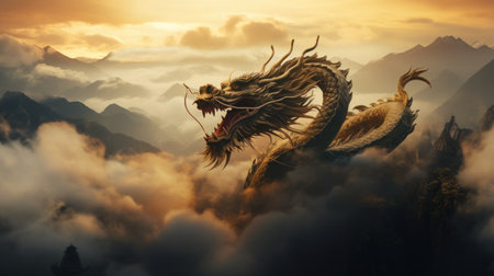 A Dragon Golden Chinese on foggy Cloudsの素材