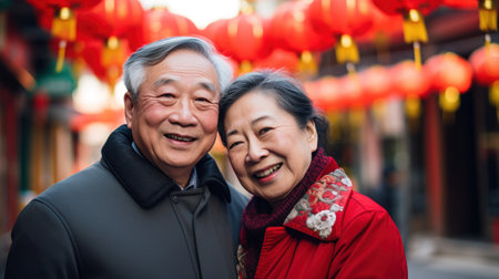A senior Chinese couple wearing Chinese clothing celebrates the Chinese New Year in an old Chinese townの素材