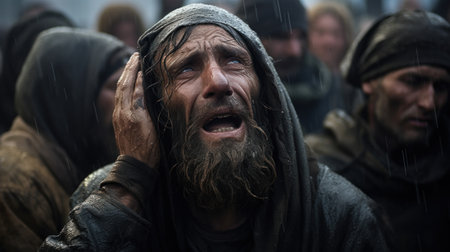 people crying very hard in war torn refugee campsの素材