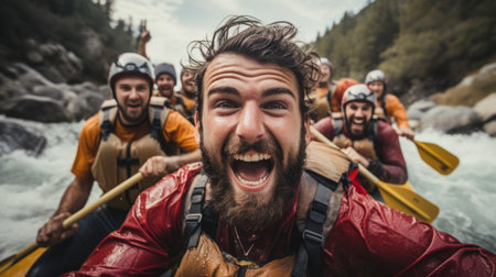 Close-up A group of young men embark on a rafting trip filled with surrounding mountains and rapidsの素材