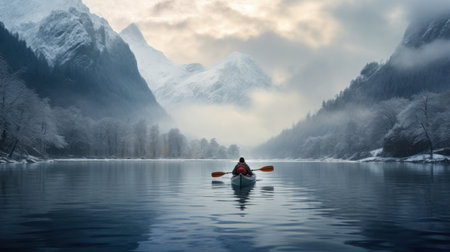 A young man paddles a kayak in a river surrounded by misty mountainsの素材