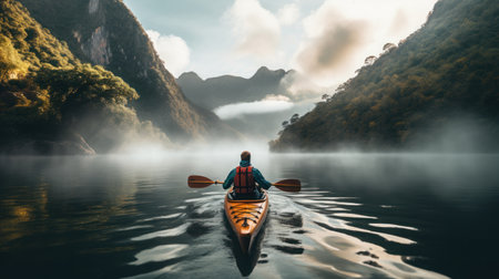 A young man paddles a kayak in a riverの素材