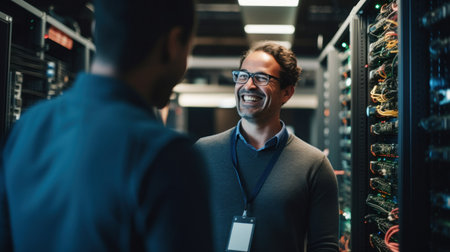 programmer with an engineer working in the database system network roomの素材