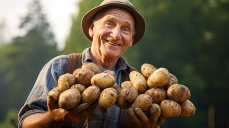a farmer harvesting potato in the gardenの素材