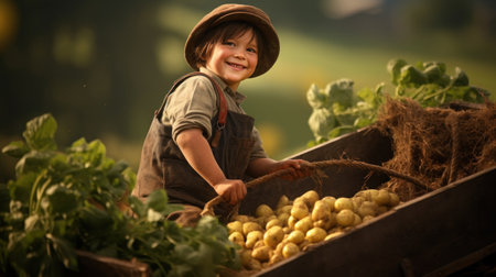 Child harvesting potato in the gardenの素材