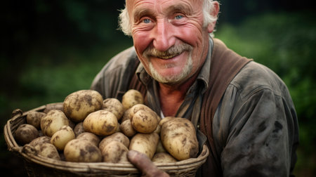 a farmer harvesting potato in the gardenの素材