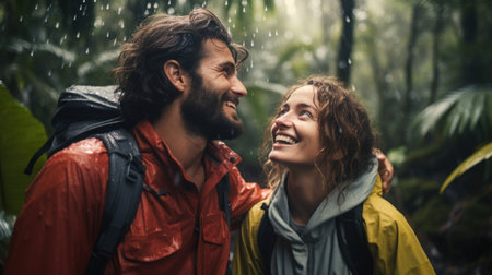 Close-up Young woman and man trekking natural in the rain forestの素材
