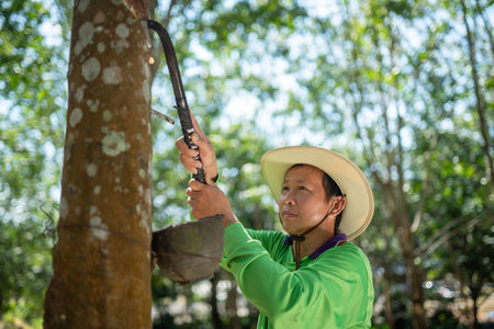 Asian rubber farmers tapping rubber in the rubber plantationの写真素材