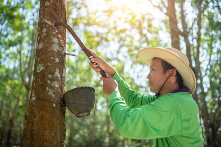 Asian rubber farmers tapping rubber in the rubber plantationの写真素材