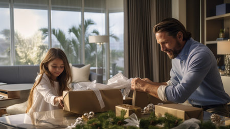 father mother and daughter wrap gifts in the living roomの素材