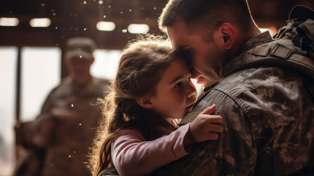 a soldier hug with daughter inside the buildingの素材