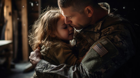 a soldier hug with daughter inside the buildingの素材