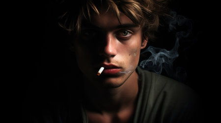 Young smoking face serious sadの素材