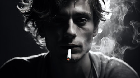 Young smoking face serious sadの素材