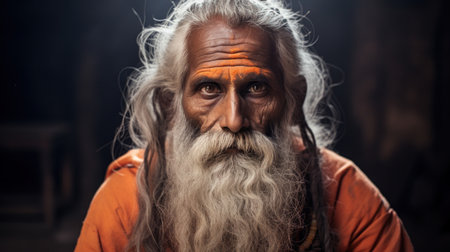 Portrait of sadhu Baba Nondo Somendrah, Varanasi, Indiaの素材