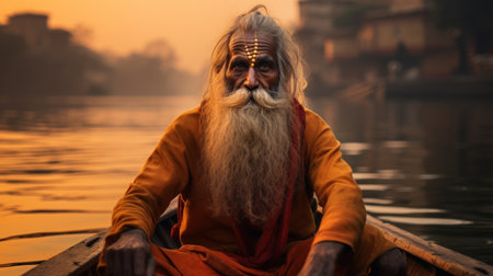 sadhu Baba Nonno Somendrah rowing a boat on the Ganges River, Varanasi, Indiaの素材