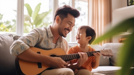 a child playing ukulele in the living room with father so happyの素材