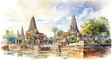 watercolor painting Ayutthaya, an ancient Thai castleの素材