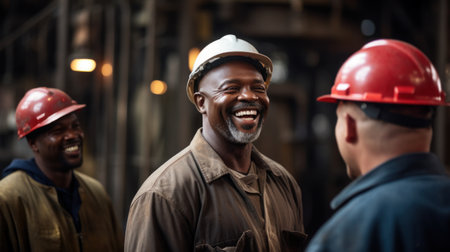 American black group engineer and laborer talking happy momentの素材
