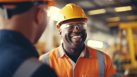 American black group engineer and laborer talking happy momentの素材