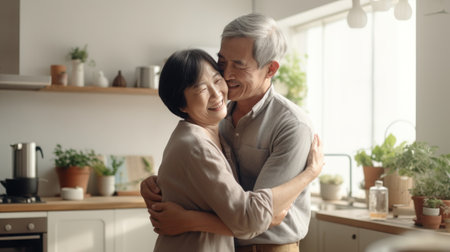 couple senior hug in the living roomの素材