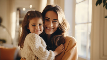 Mom and daughter hugging in the living roomの素材