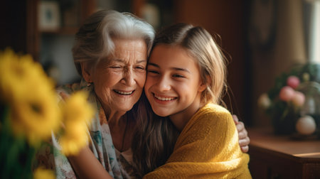 grandma and daughter hugging in the living roomの素材