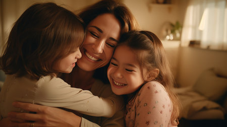 Mom and daughters hugging in the living roomの素材