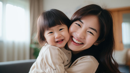 Mom and daughter hugging in the living roomの素材