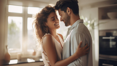 couple hugging in the living roomの素材