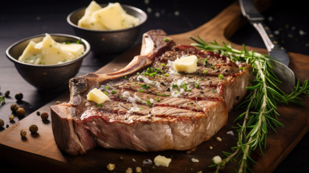 The T-bone steak is medium-rare. There is garlic butter on top as food.の素材
