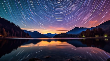 Beautiful night landscape of a lake in mountainsの素材