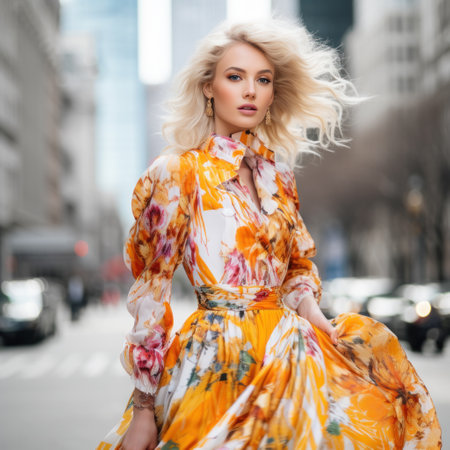 a beautiful model in extravagant colorful clothes on the street of New Yorkの素材