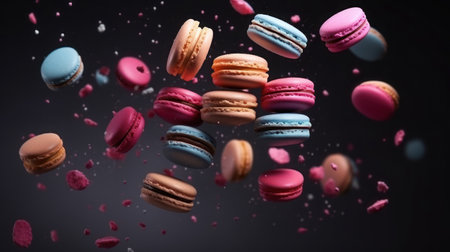 Various colorful macarons float in the air on the isolated backgroundの素材