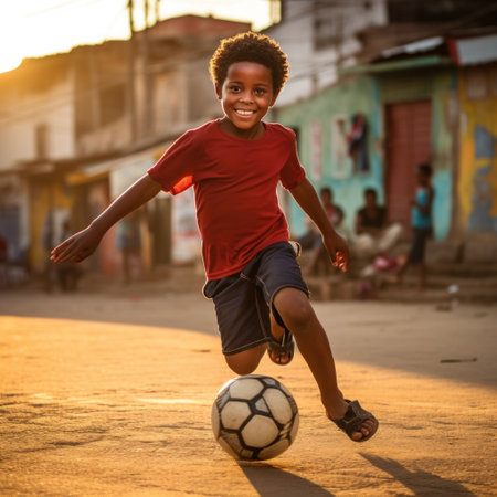 African American boy playing soccer in the ruralの素材