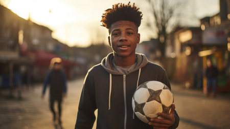 African American boys playing soccer in the countryの素材