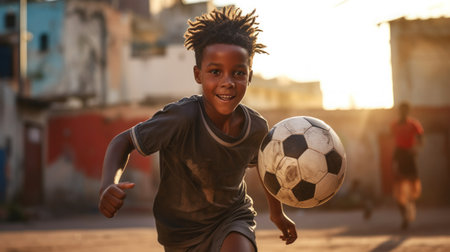African American boys playing soccer in the countryの素材
