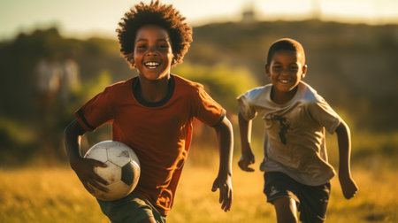 African American boys playing soccer in the countryの素材
