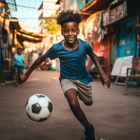 African American boy playing soccer in the localの素材