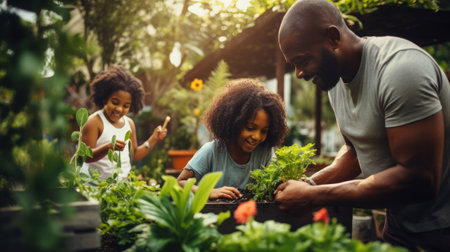 African American family gardening in the backyardの素材