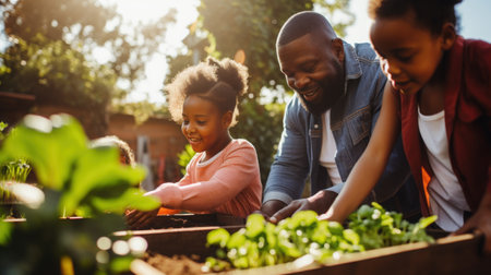 African American family gardening in the backyardの素材