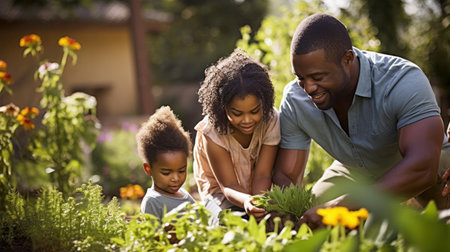 African American family gardening in the backyardの素材
